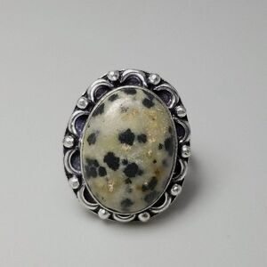 Vintage Speckled Tan Stone Ring, Oval Cabochon, Silver Tone Size 7.5 Band Estate